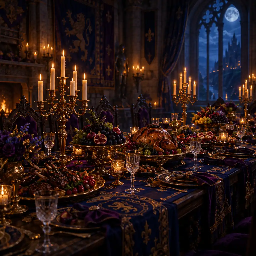 Table de banquet royal dans une salle de château fantastique, avec candélabres dorés, fruits exotiques et lumière de lune