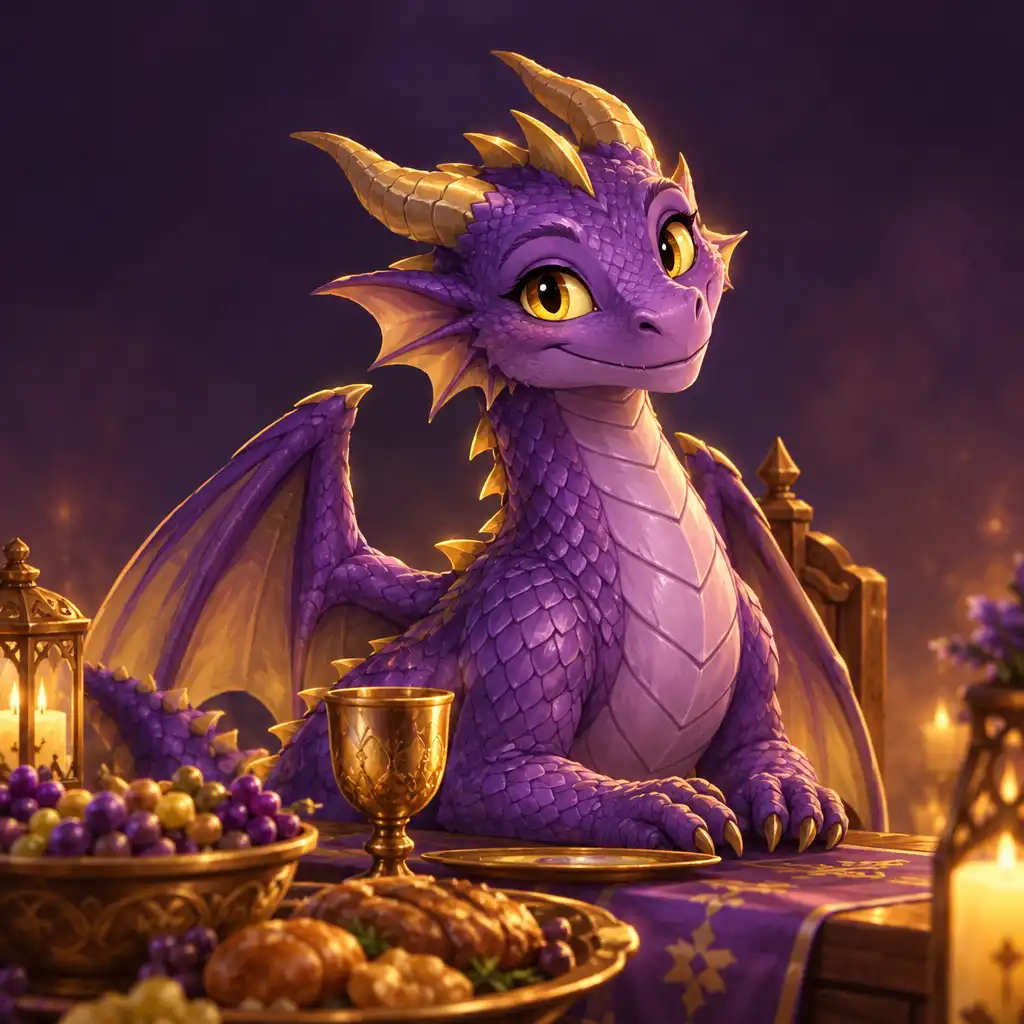 Dragon amical avec écailles violettes près d'une table de banquet