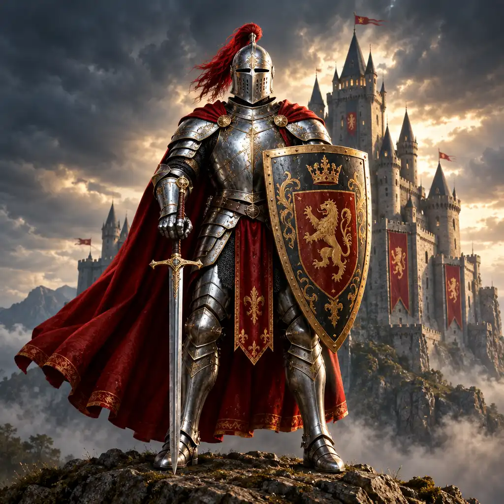 Chevalier en armure argentée avec cape rouge