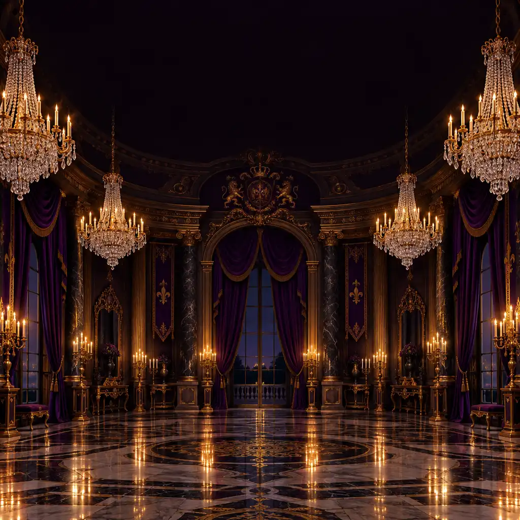 Salle de bal royale avec lustres et draperies violettes