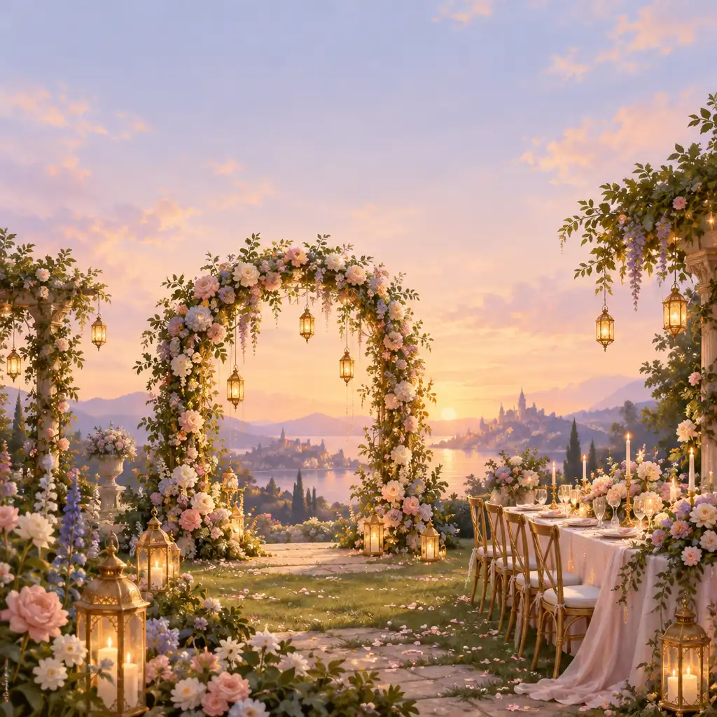 Jardin féerique avec arche de fleurs et table de banquet