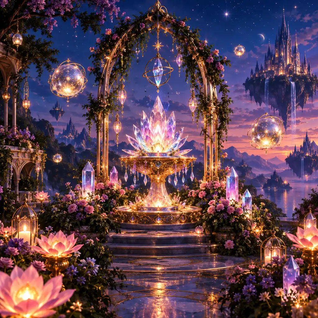 Jardin enchanté avec fleurs lumineuses, orbes de lumière et structures de cristal au crépuscule