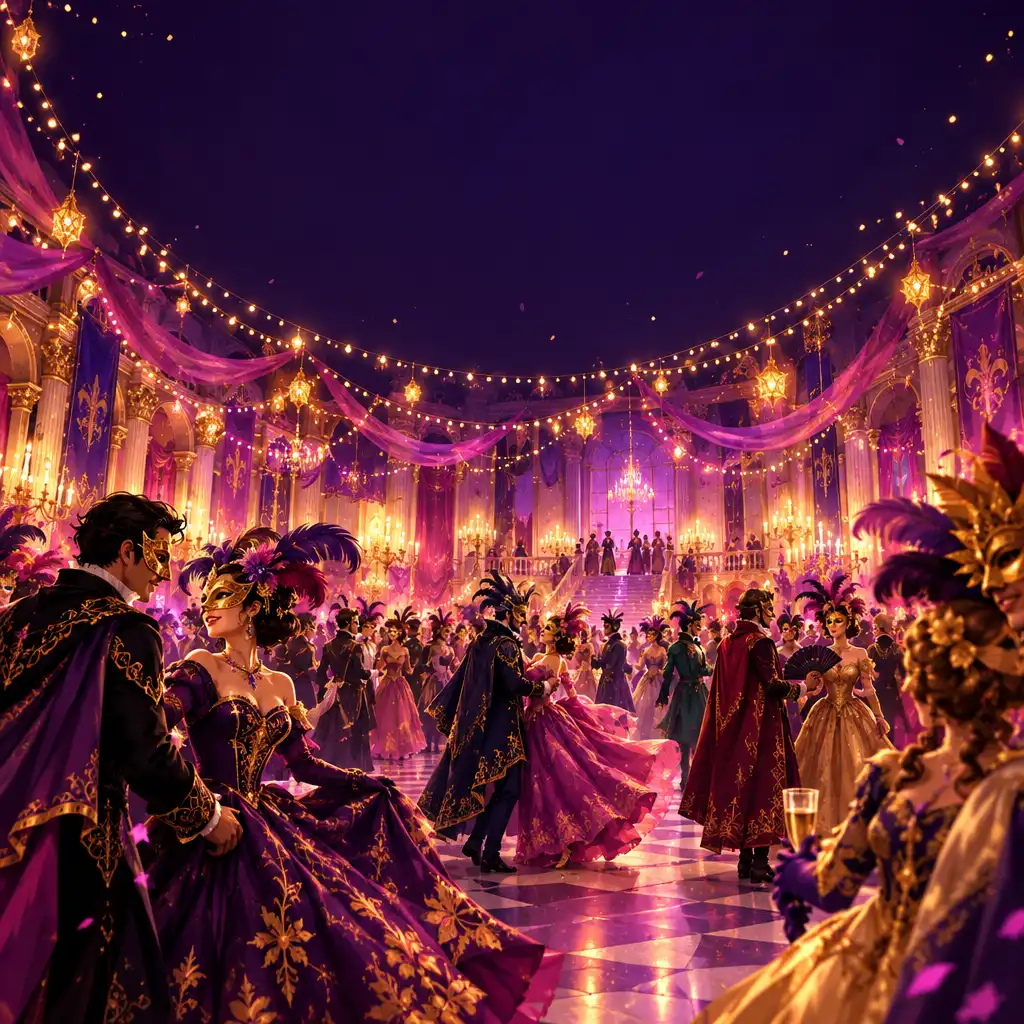 Bal masqué fantastique avec invités en costumes élaborés