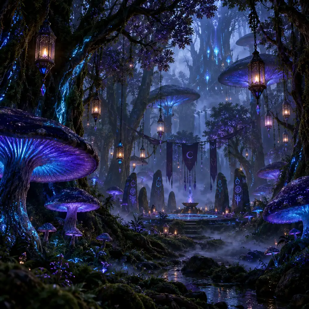 Forêt mystique avec arbres lumineux, champignons géants, lanternes suspendues et brume légère
