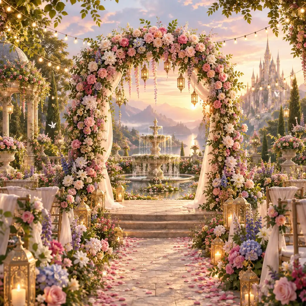 Jardin enchanté avec arche de roses, guirlandes lumineuses, fontaine et fleurs colorées