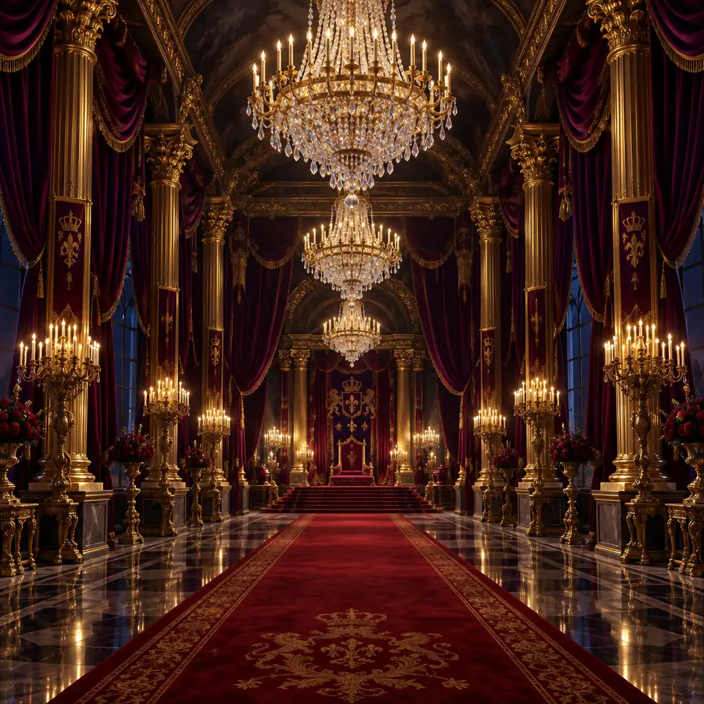 Salle de bal royale avec lustres en cristal, colonnes dorées, tapis rouge et draperies pourpres