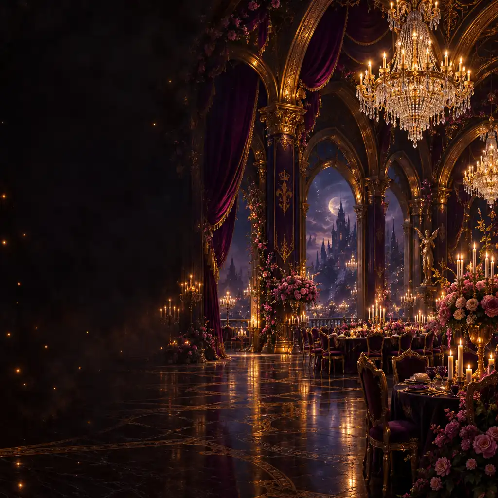 Salle de réception fantastique avec arches dorées, draperies pourpres et lustres en cristal, éclairée par des bougies et des lumières féeriques