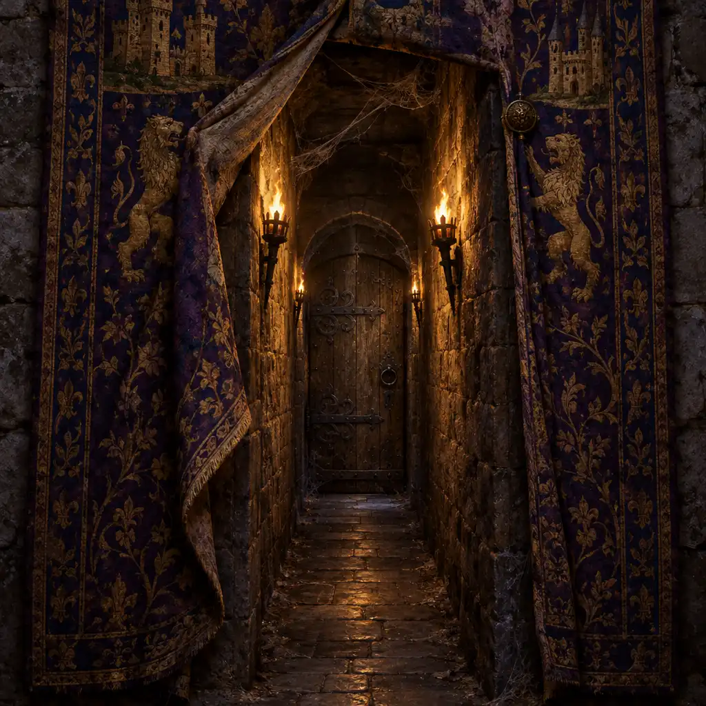 Passage secret étroit dans un château, révélé par une tapisserie soulevée et éclairé par des torches