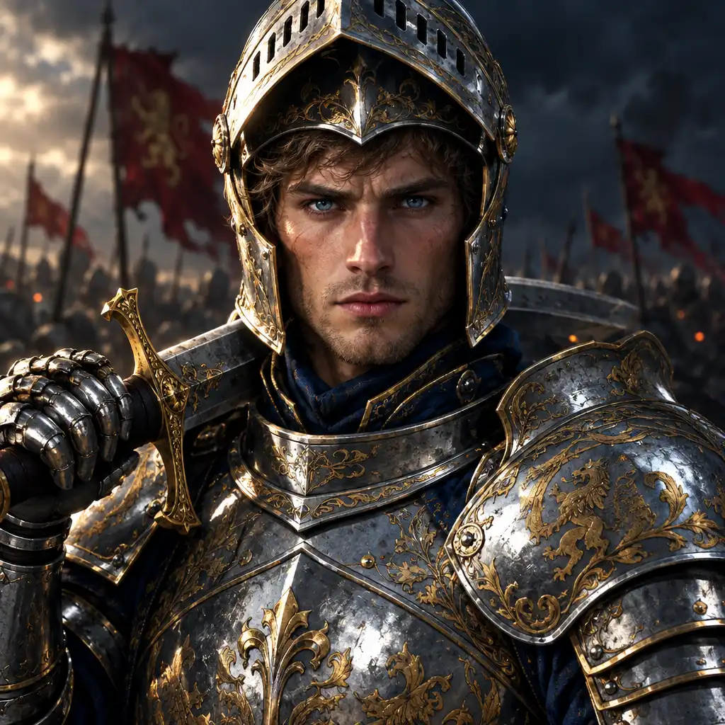 Portrait du Chevalier Aric, chevalier loyal en armure argentée