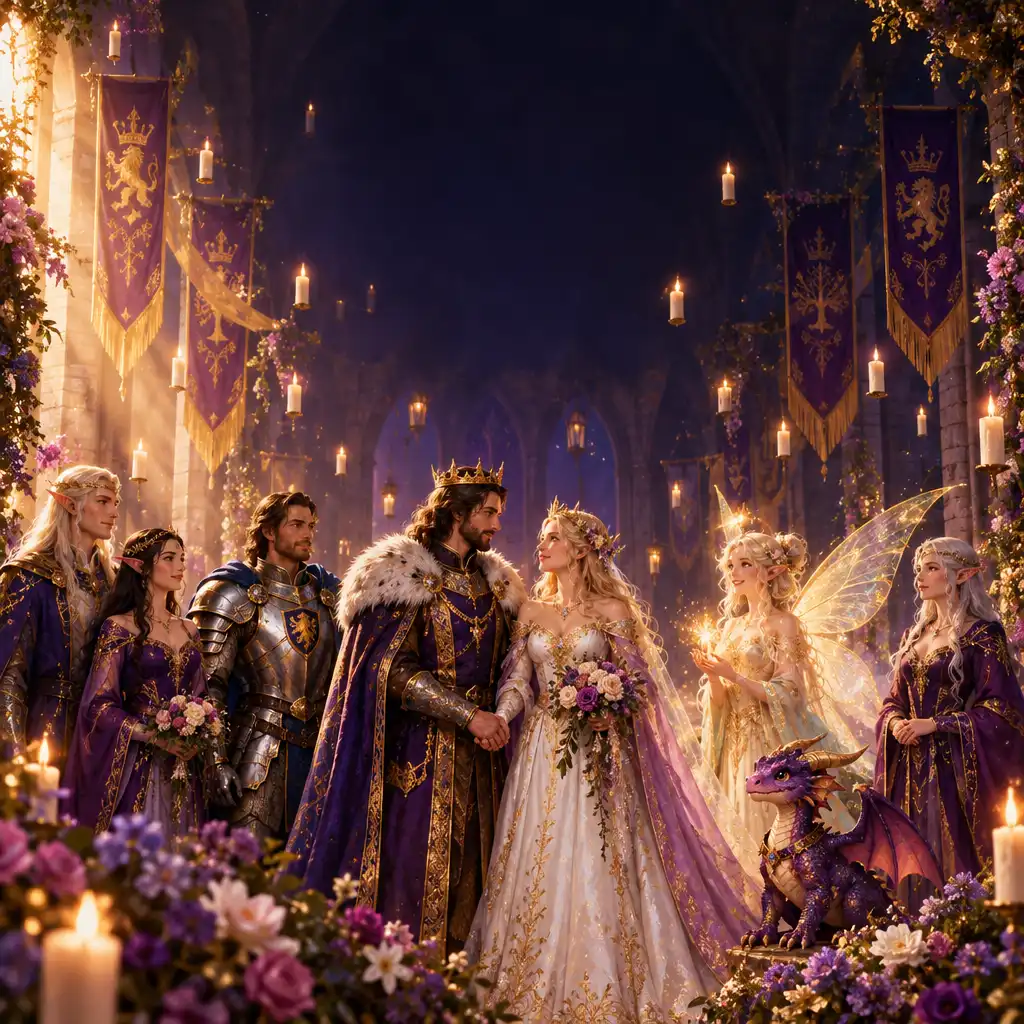 Groupe de personnages fantastiques réunis pour une cérémonie de mariage royale dans un château médiéval
