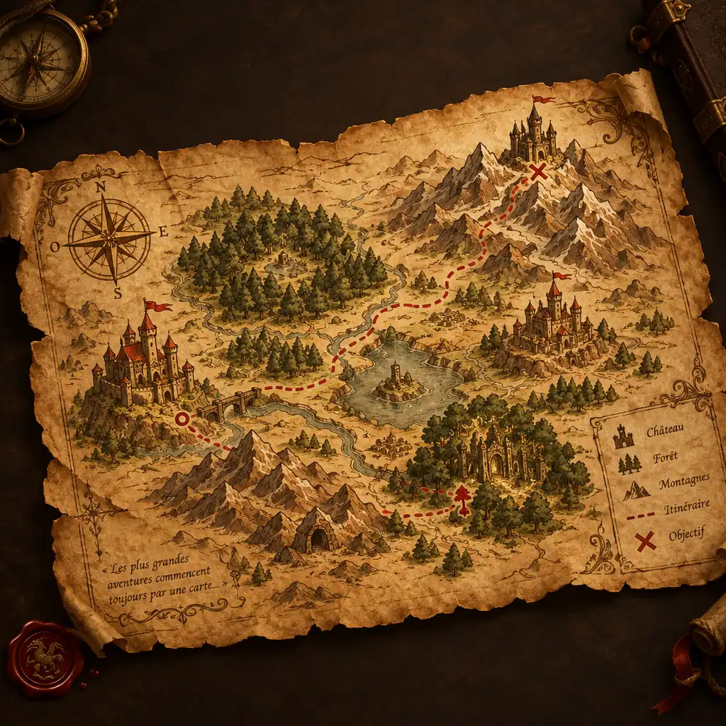 Carte de quête fantastique sur parchemin ancien