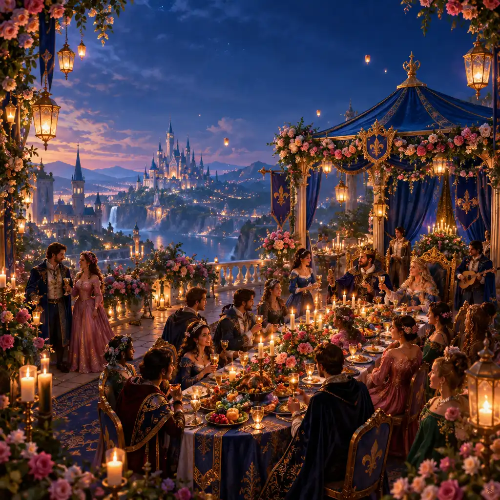 Cérémonie royale saisonnière avec décorations festives et table de banquet