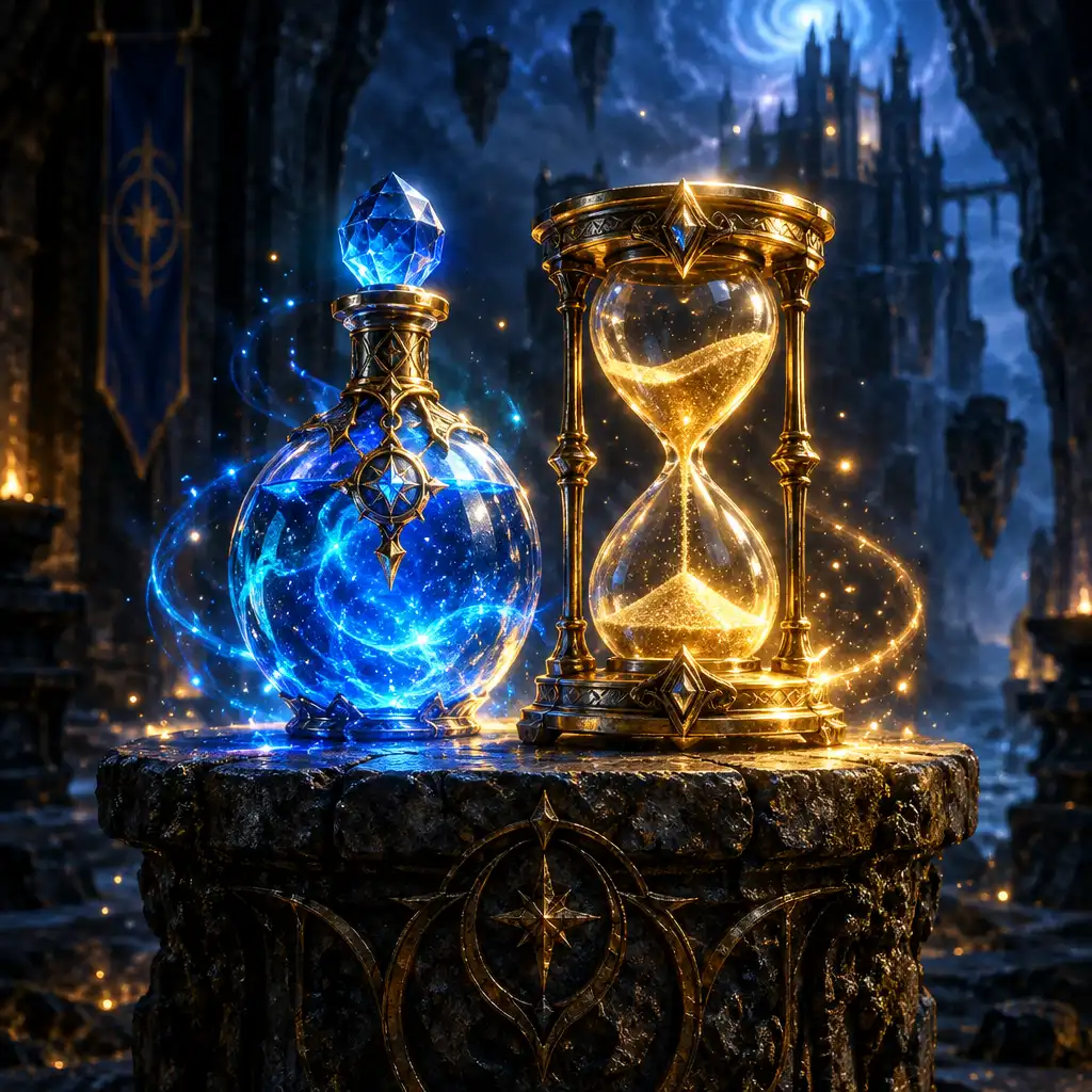 Fiole de potion lumineuse et sablier doré sur un piédestal de pierre