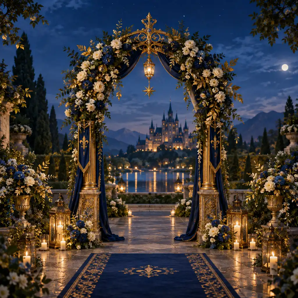Arche de mariage fantastique ornée de fleurs saisonnières et d'ornements dorés