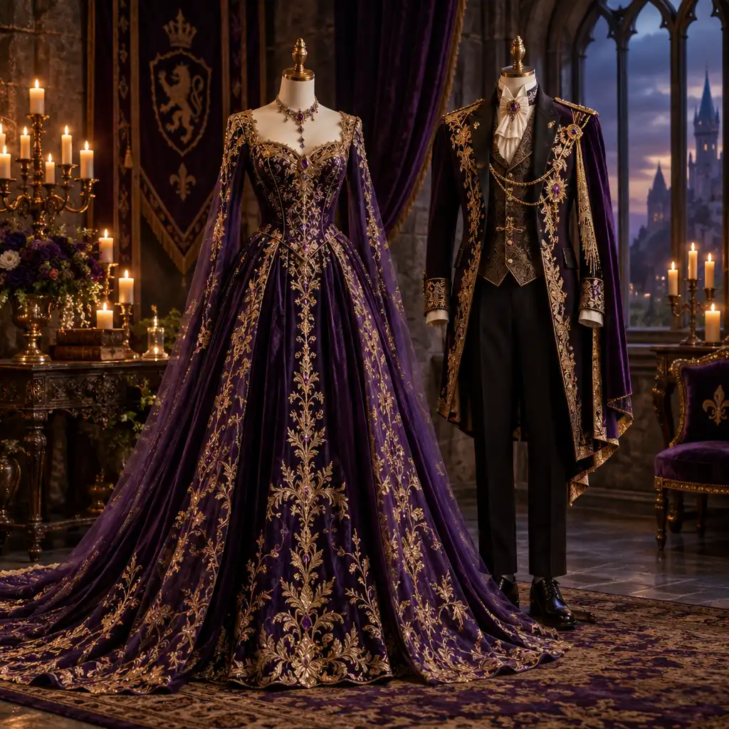 Tenues de mariage fantastiques exposées dans une chambre de château éclairée aux chandelles