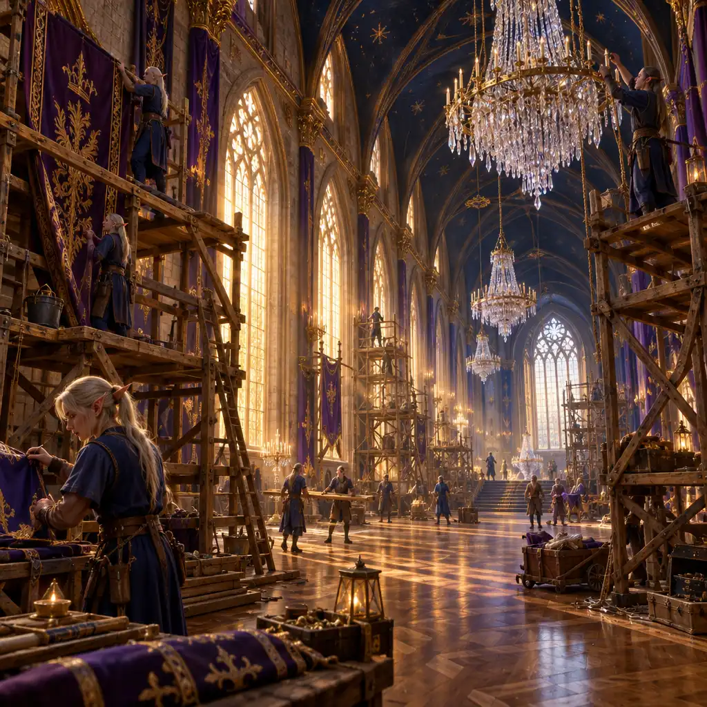 Grande salle de bal fantastique en cours d'agrandissement avec des échafaudages et des ouvriers elfes