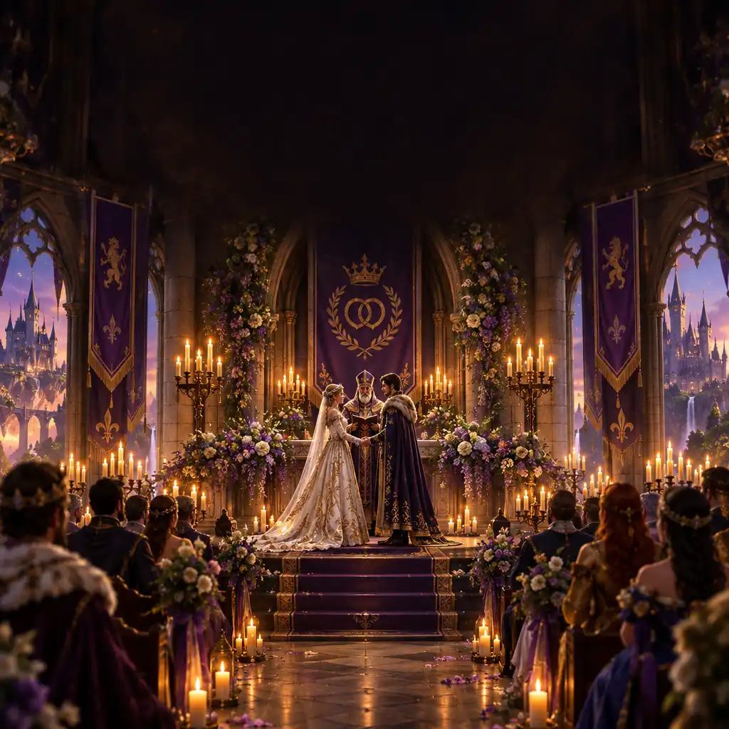 Cérémonie royale dans Wedding Realms avec personnages médiévaux et décorations de château